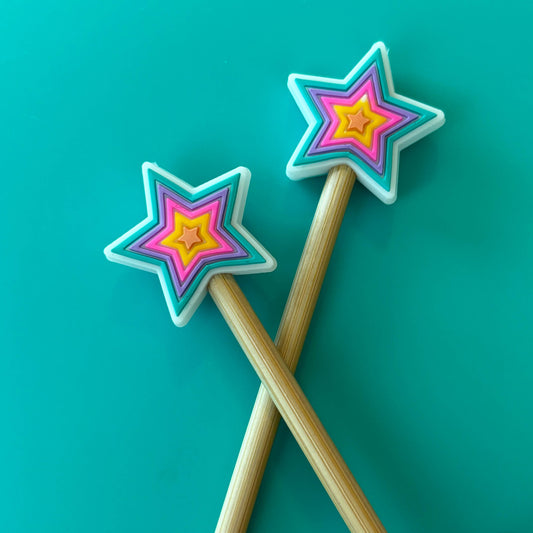 Comma Craft Knitting Needle Point Protectors - Rainbow Bright Star 80s