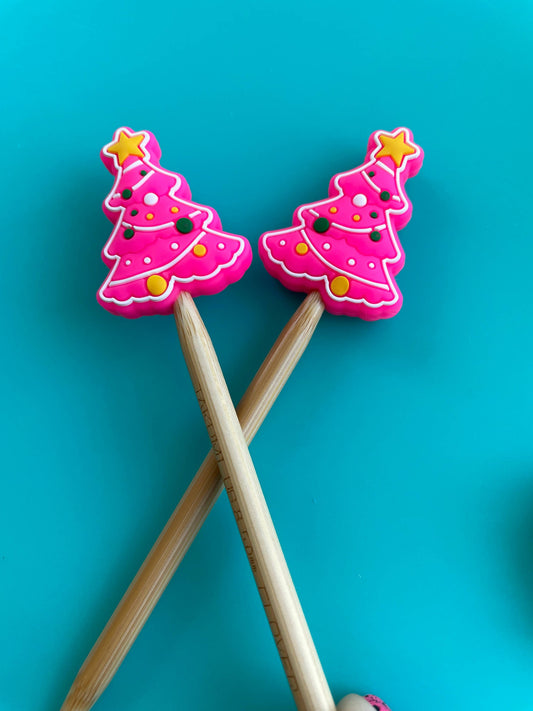 Comma Craft Knitting Needle Point Protectors - Pink Christmas tree retro