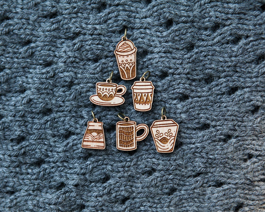 Cherry Wood Coffee Cup Stitch Markers for Knitting, Set of 6