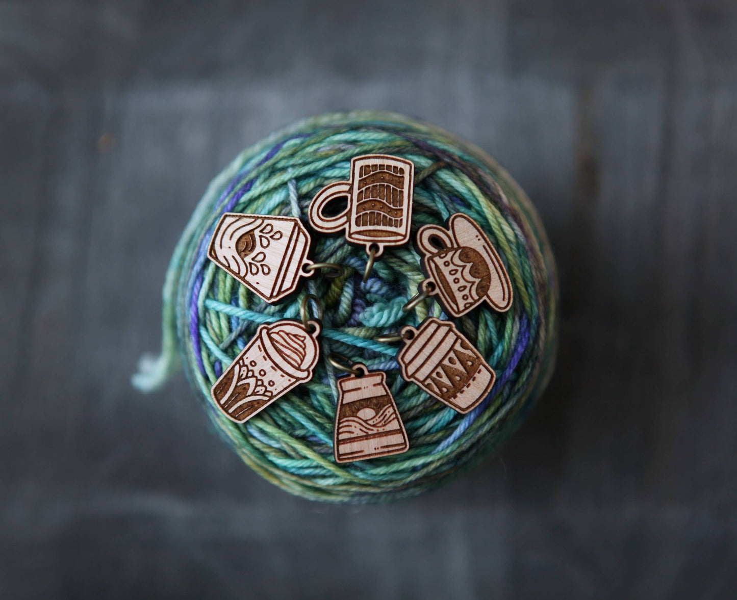 Cherry Wood Coffee Cup Stitch Markers for Knitting, Set of 6