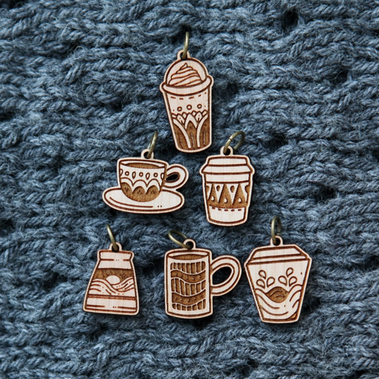 Sunrise Grove - Cherry Wood Coffee Cup Stitch Markers For Knitting, Set of 6