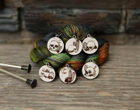 Sunrise Grove - Death Valley Stitch Markers Set - Skulls, Cactus, Flowers