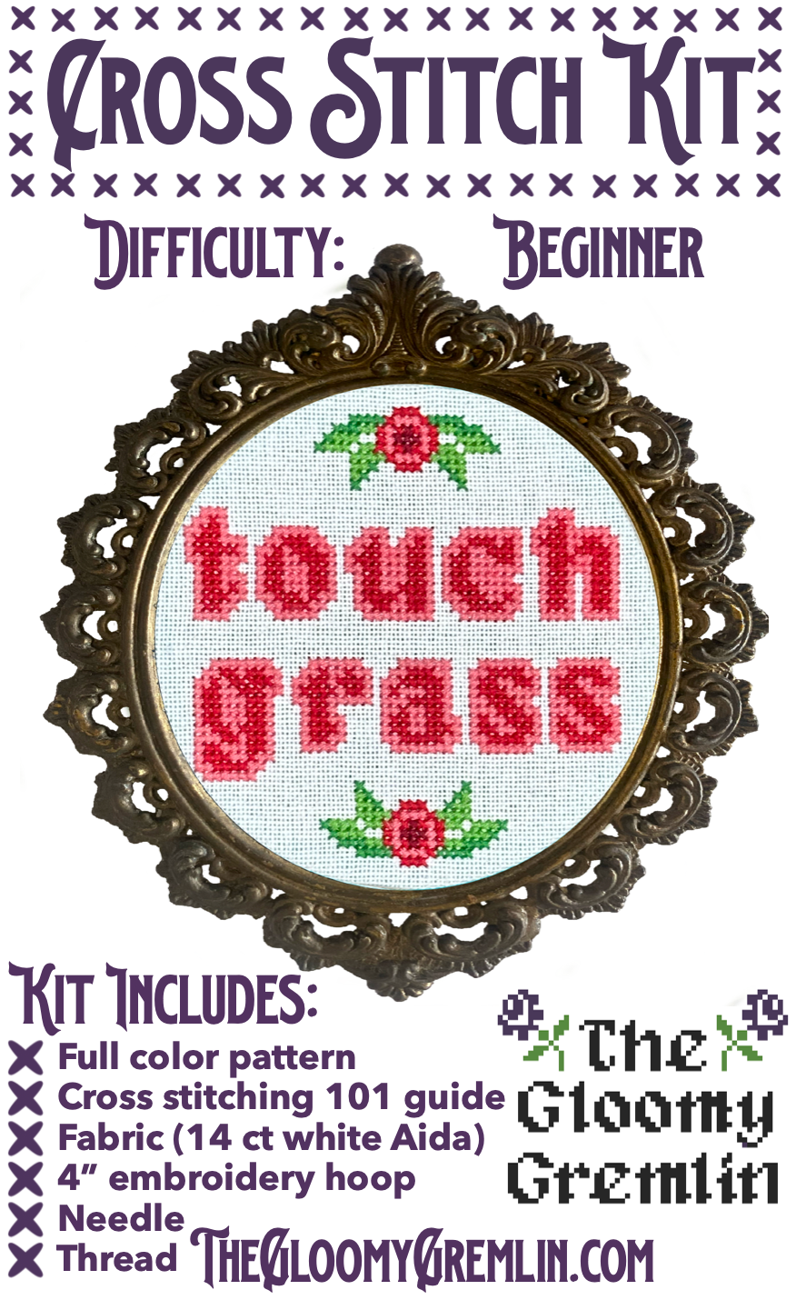 Touch Grass - Cross Stitch Kit - Gloomy Gremlin