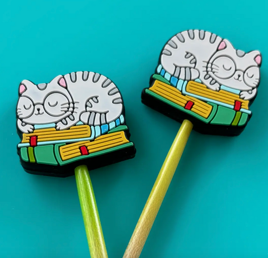Comma Craft Knitting Needle Point Protectors Cat on Green Books Glasses