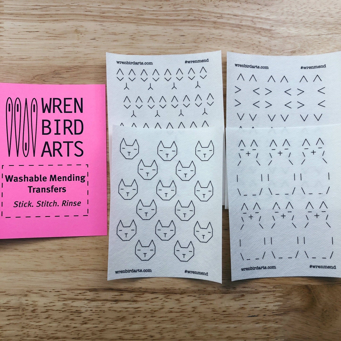 Wren Bird Arts - Washable Mending Transfers Set #6 Pink Cat Patterns