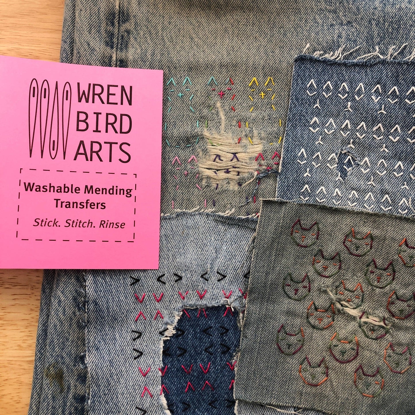 Wren Bird Arts - Washable Mending Transfers Set #6 Pink Cat Patterns