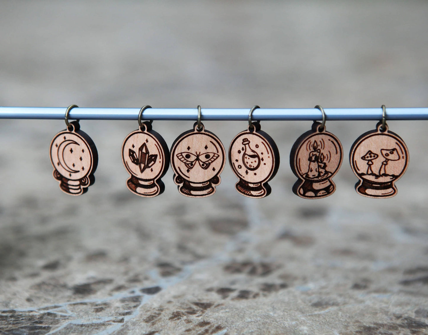 Sunrise Grove - Crystal Ball Knitting Stitch Markers Set of 6 Wood Spheres