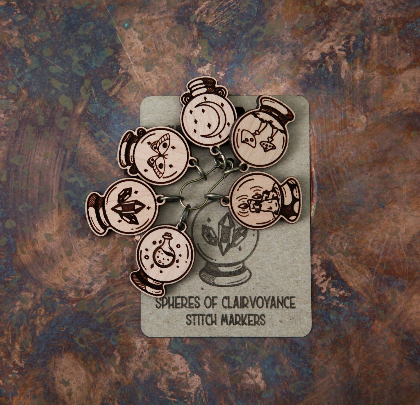 Sunrise Grove - Crystal Ball Knitting Stitch Markers Set of 6 Wood Spheres
