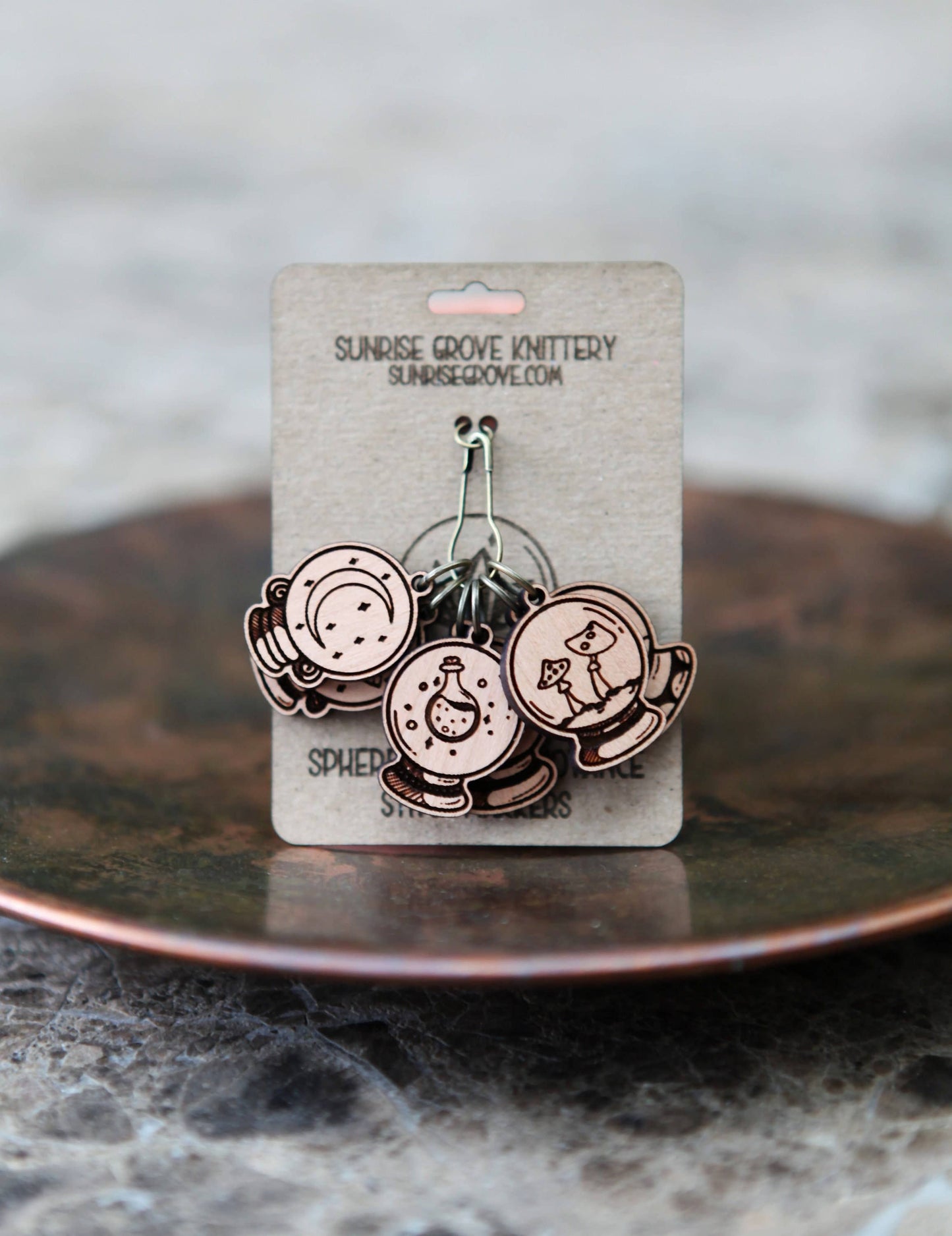 Sunrise Grove - Crystal Ball Knitting Stitch Markers Set of 6 Wood Spheres