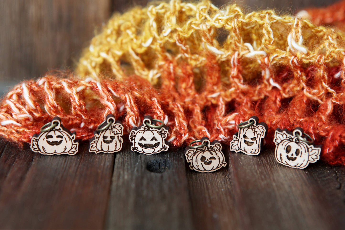 Sunrise Grove - Pumpkin Jack-o'-lantern Cherry Wood Stitch Markers Set of 6