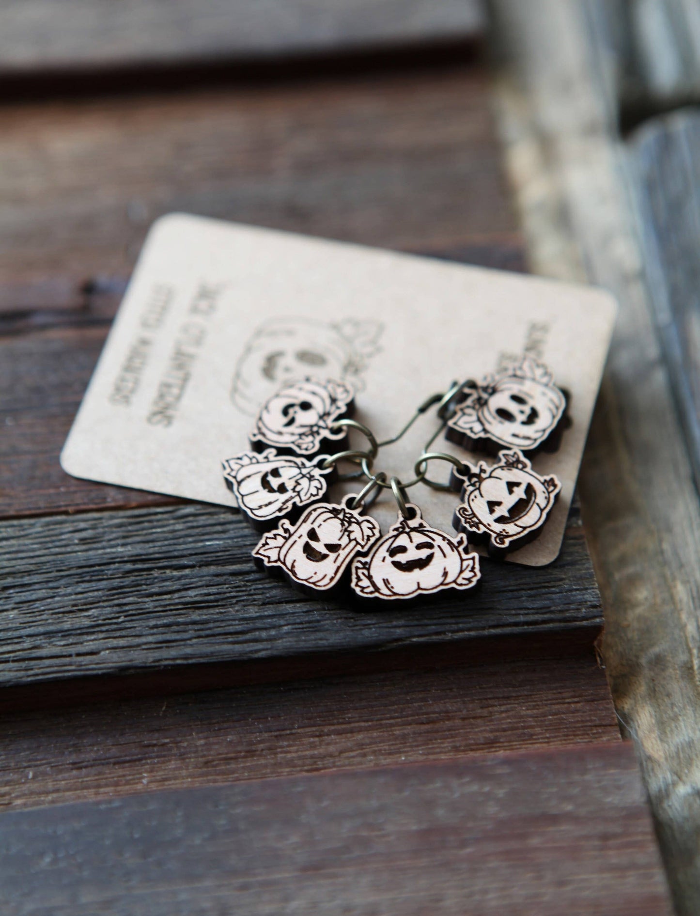 Sunrise Grove - Pumpkin Jack-o'-lantern Cherry Wood Stitch Markers Set of 6