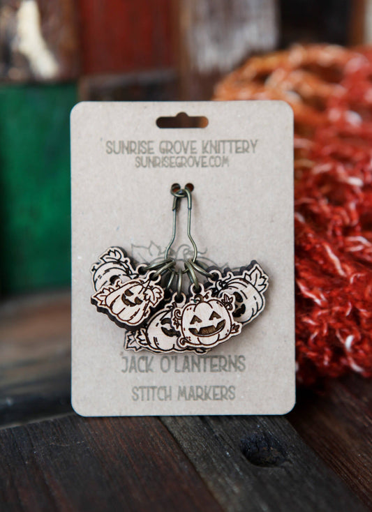 Sunrise Grove - Pumpkin Jack-o'-lantern Cherry Wood Stitch Markers Set of 6