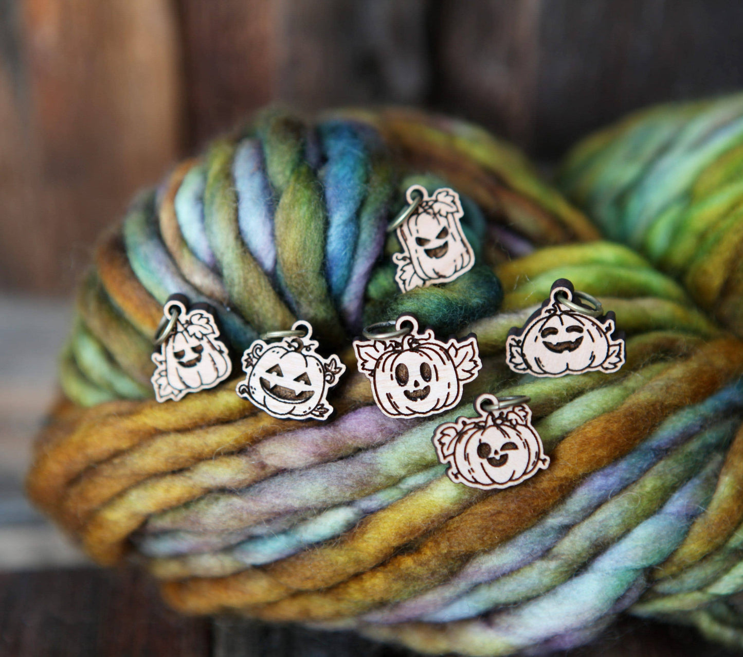 Sunrise Grove - Pumpkin Jack-o'-lantern Cherry Wood Stitch Markers Set of 6