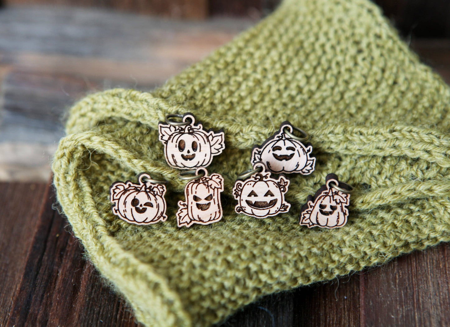 Sunrise Grove - Pumpkin Jack-o'-lantern Cherry Wood Stitch Markers Set of 6