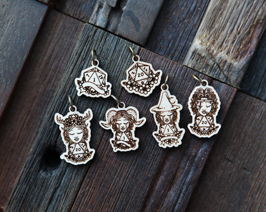 Sunrise Grove - D20 Dice Stitch Markers Maple Set of 6 DND Classes