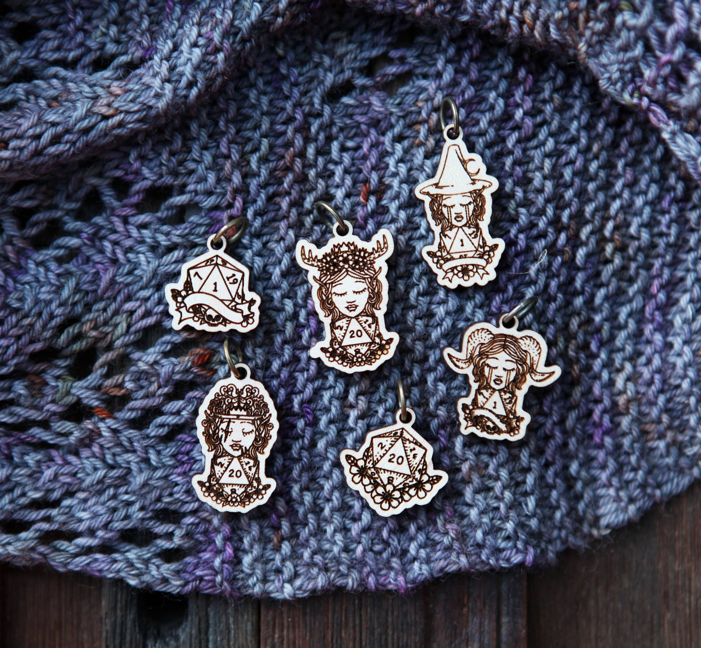 Sunrise Grove - D20 Dice Stitch Markers Maple Set of 6 DND Classes