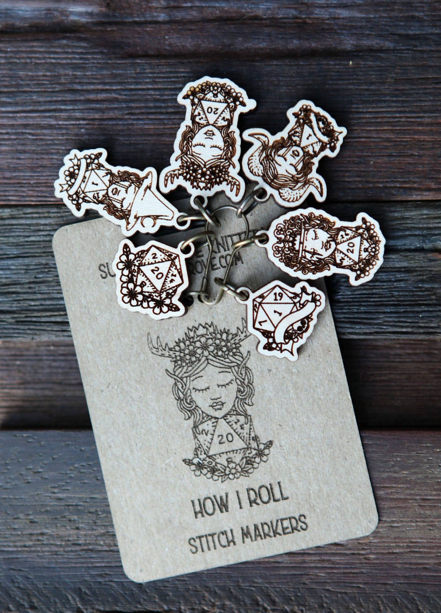 Sunrise Grove - D20 Dice Stitch Markers Maple Set of 6 DND Classes