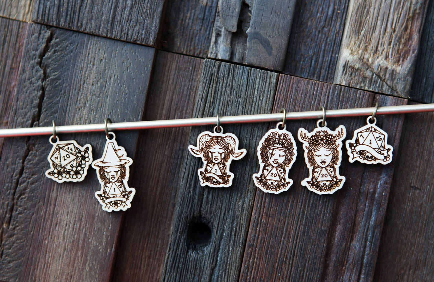 Sunrise Grove - D20 Dice Stitch Markers Maple Set of 6 DND Classes