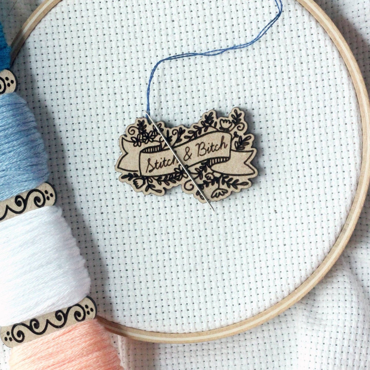 Stitch & Bitch Engraved Wooden Needle Minders | Cross Stitch Embroidery Lovers Needleminder | Snarky Floral Banner Magnetic Wood Minder